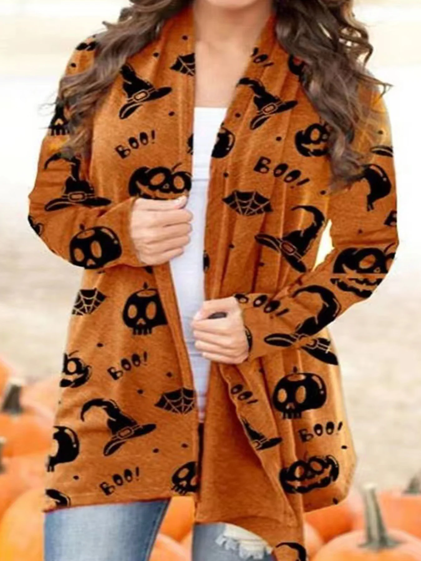 

Plus Size Halloween Print Open Front Top, Casual Long Sleeve Top For Spring & Fall, Women's Plus Size Clothing