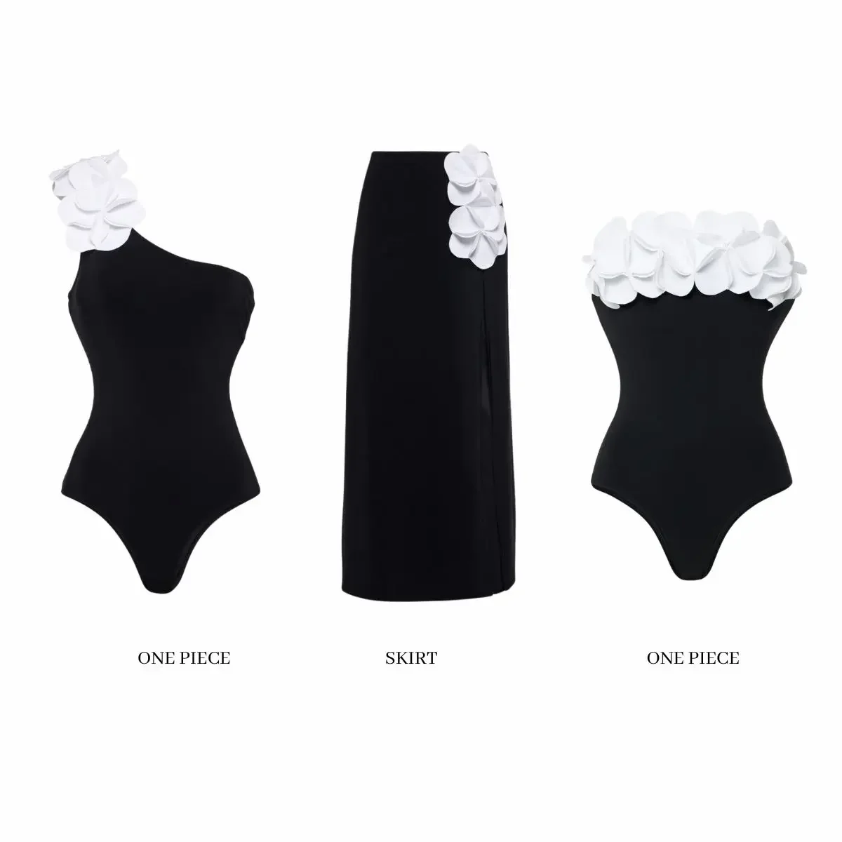 FLAXMAKER Bandeau 3D Flower Color Block One Piece Swimsuit And Skirt