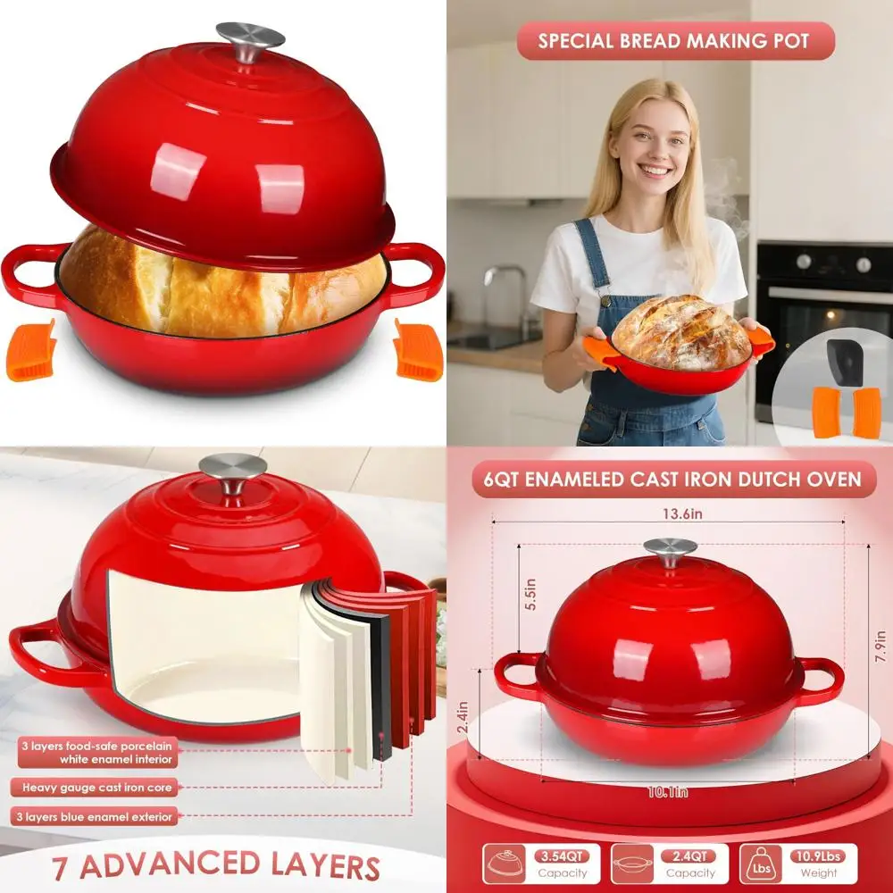 

Non-Stick Dome-Shaped 6 Quart Enamel Cast Iron Dutch Oven for Bread Baking with Silicone Handles and Lid, Perfect for Homemade B