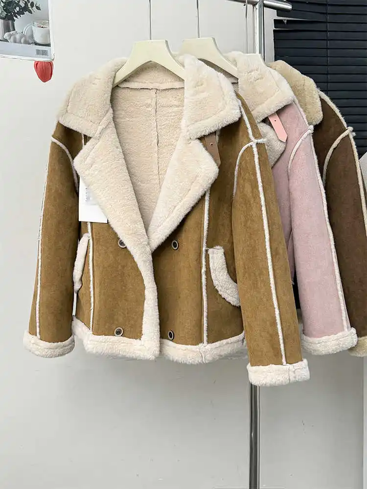 Women Winter Warm Lambswool Coats 2024 New Turn Down Collar Long Sleeve Thicken Outerwear Lady Fashion Jacket