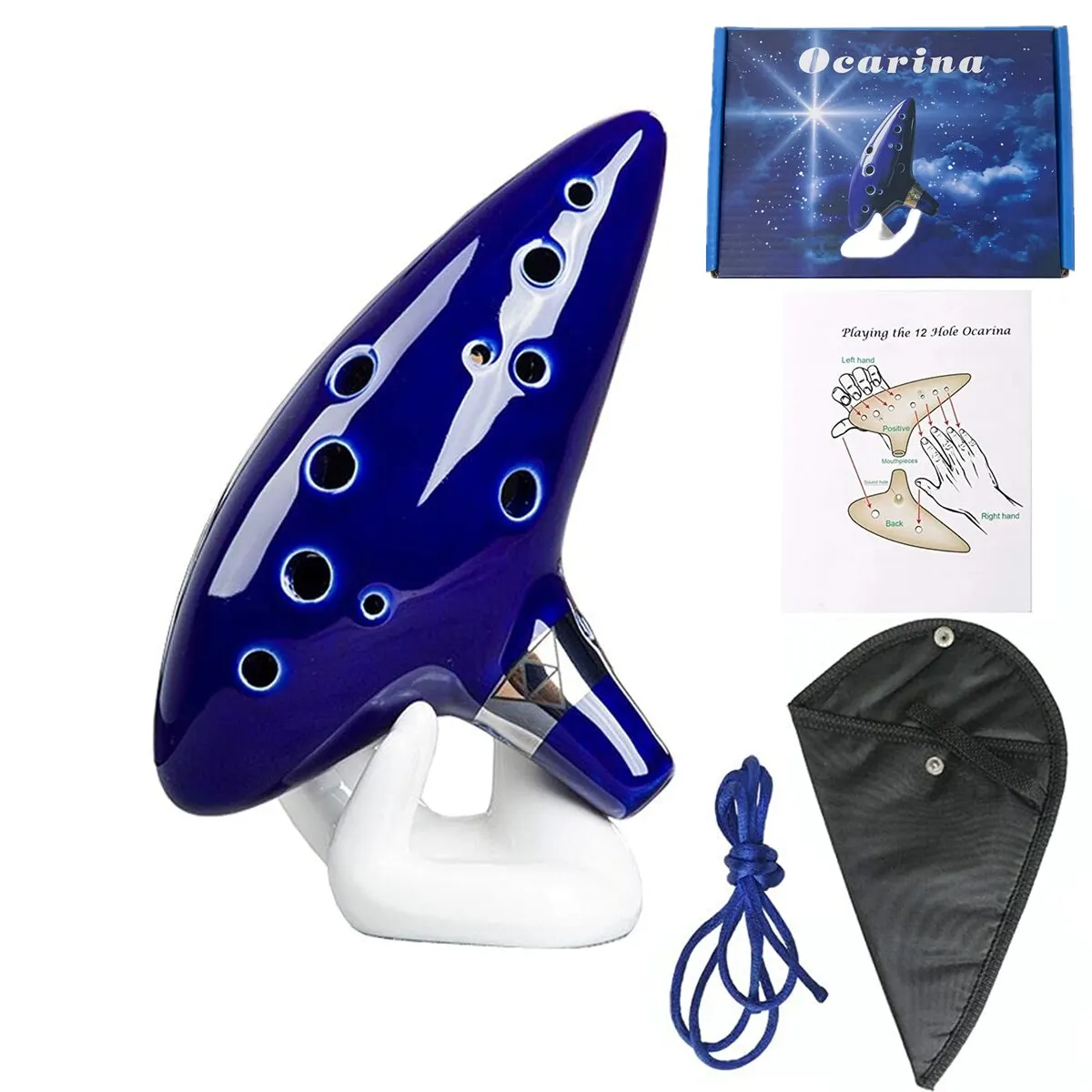 Okarina, 12 Töne Alt-C-Keramik-Okarina-Musik instrument mit Liederbuch-Hals-Schnur-Trage tasche, blau
