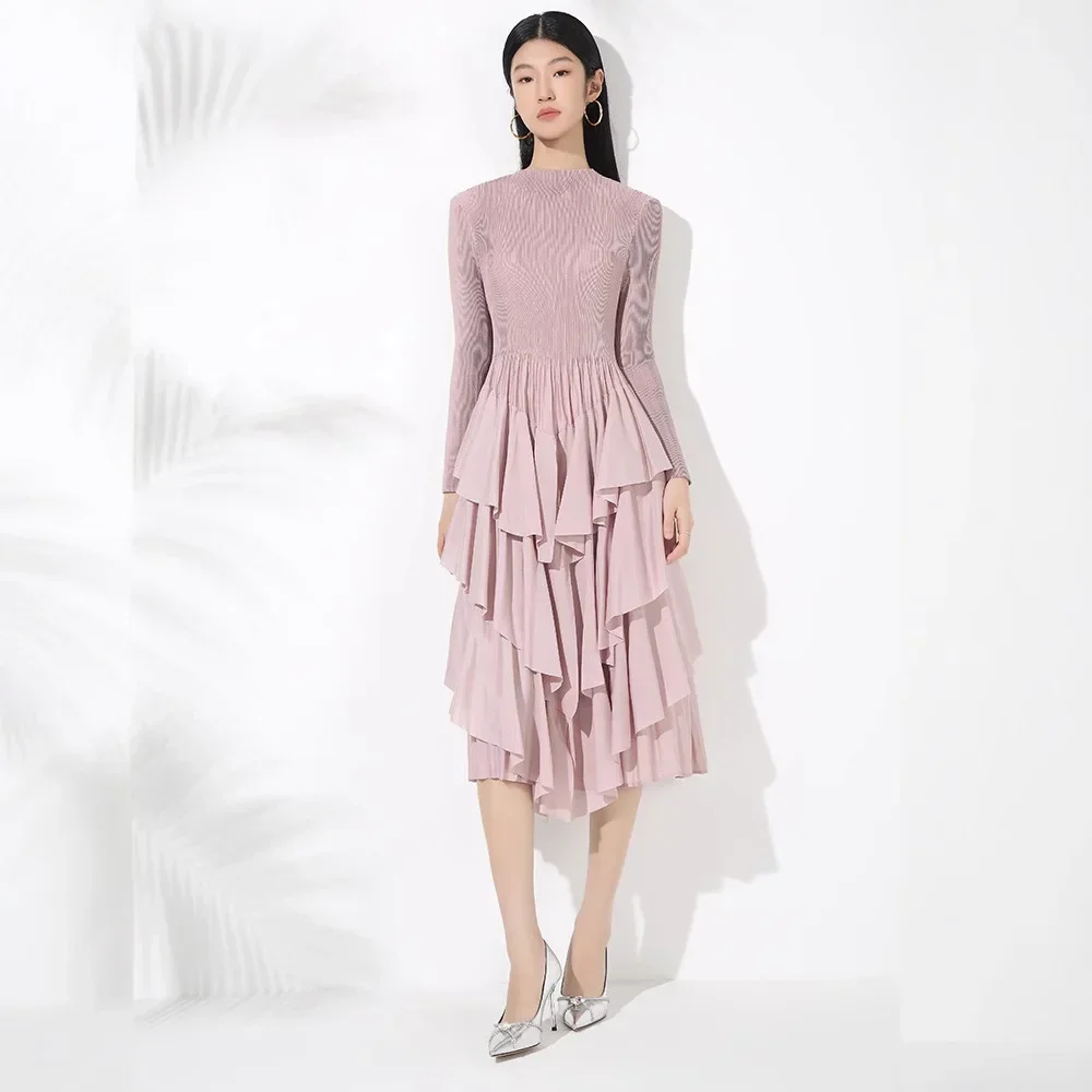 Miyake Pleated Women's Dress Folds Fashion Designer Loose Long Sleeve Female Elegant Pleated Dresses 2024 Autumn New Cake Skirt