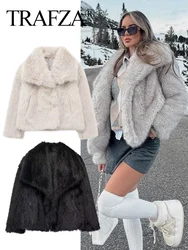 TRAFZA Women Vintage Cropped Faux Fur Jacket Coat 2024 Elegant Loose Long Sleeve Jacket Female Thick High Street Outerwear