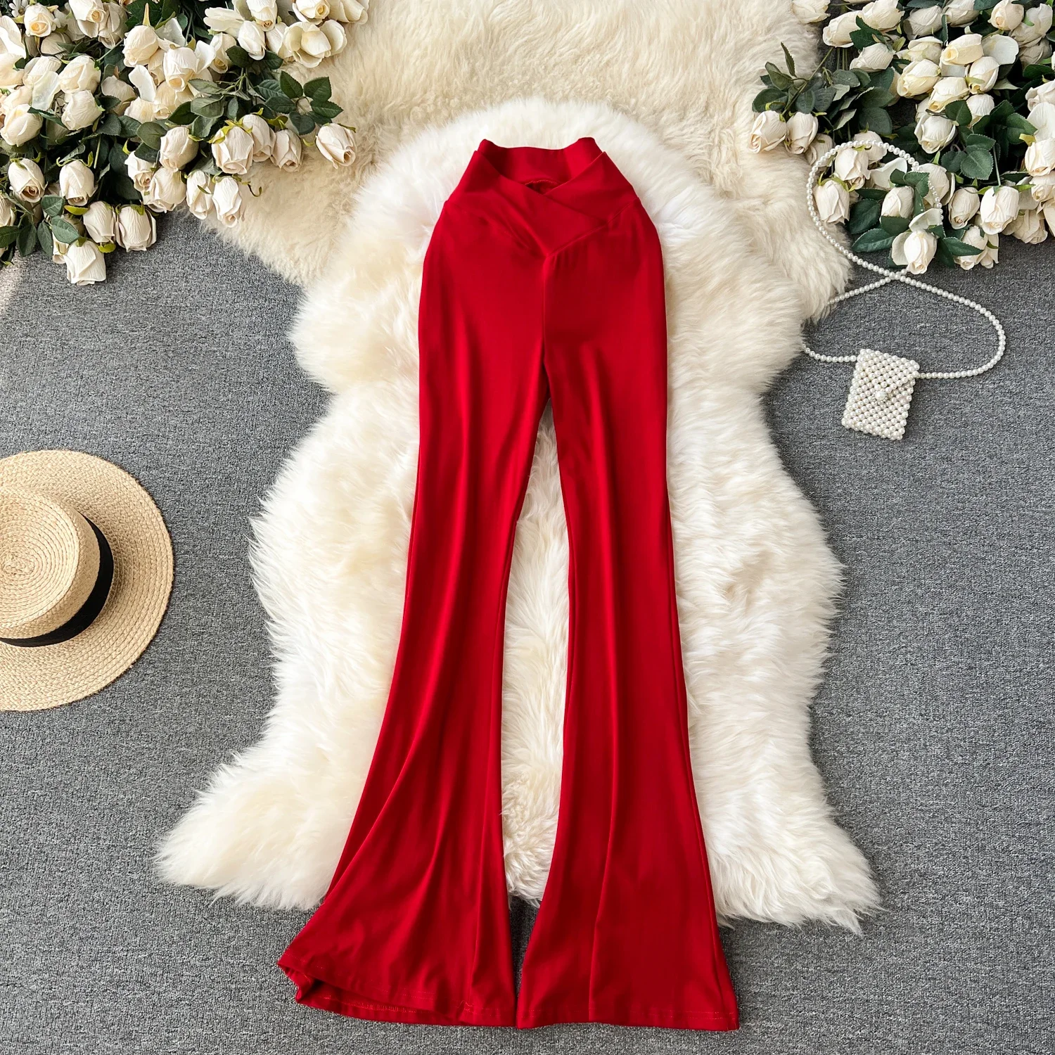 Women Solid High Waist Flare Pants Wide Leg Korean Fashion Elegant Casual Vintage Autumn Streetwear Clothing