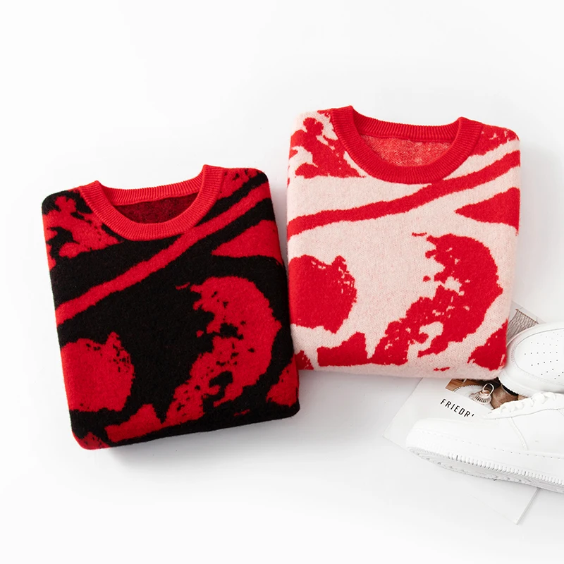 New Jacquard Contrast Men's Crewneck Sweater in Autumn and Winter 100% Pure Wool Knitted Bottom Shirt