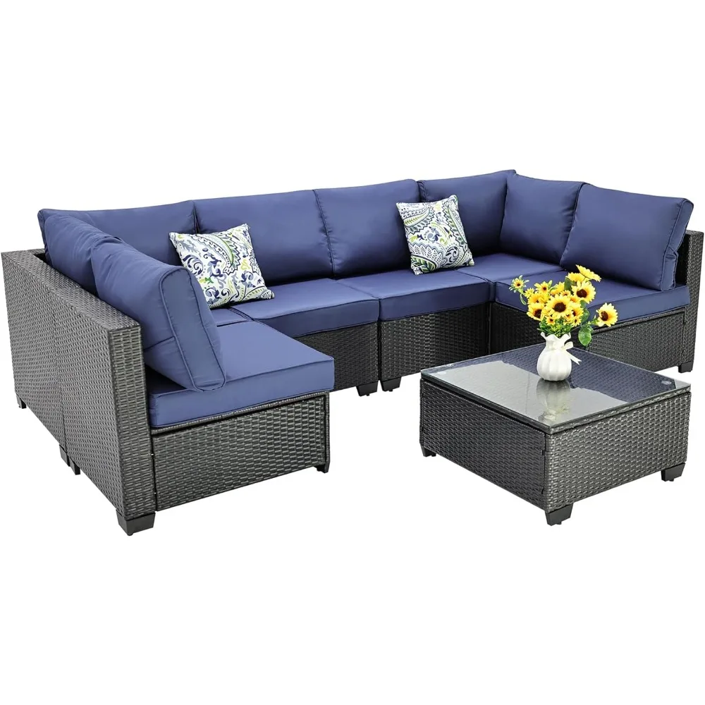 

7-Piece Outdoor Patio Furniture Set with PE Rattan Wicker Conversation Area and Tea Table in Black and Beige