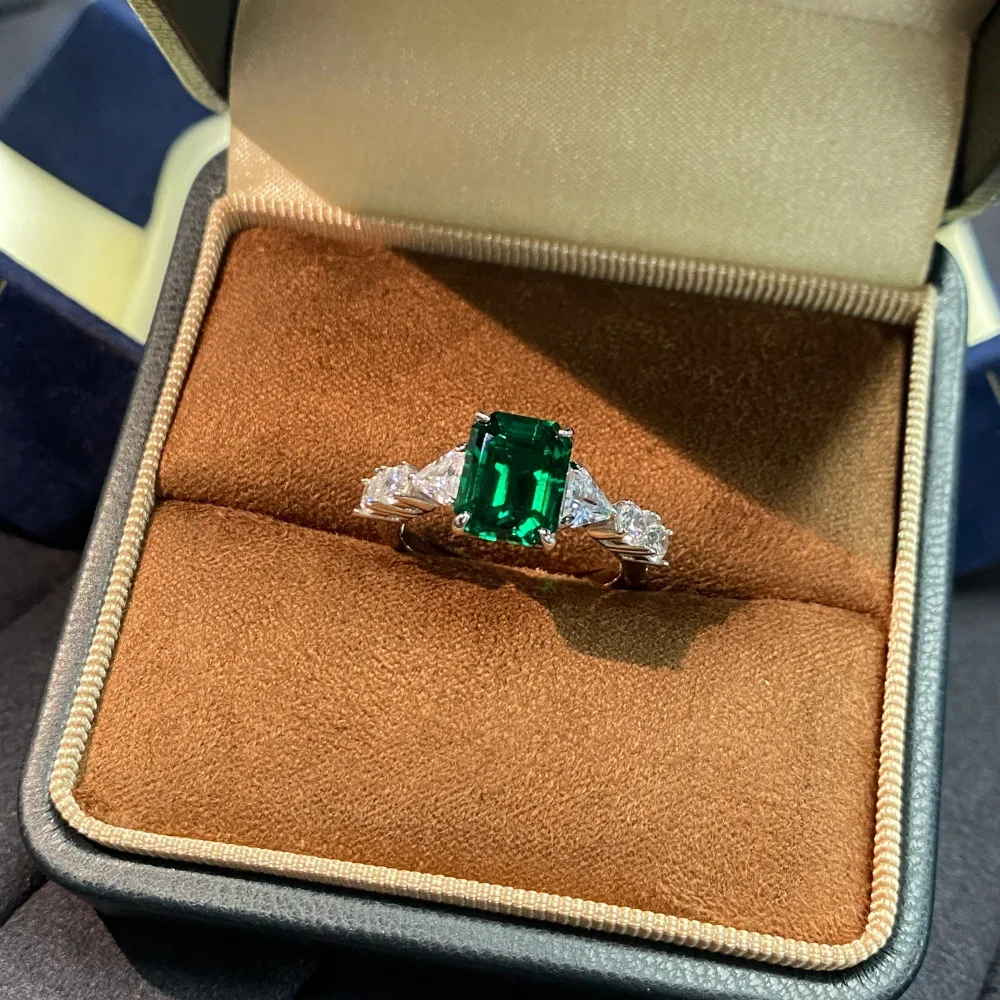 S925 sterling silver ring for women, cultivated Zambian emerald 7X9mm colored gemstone ring