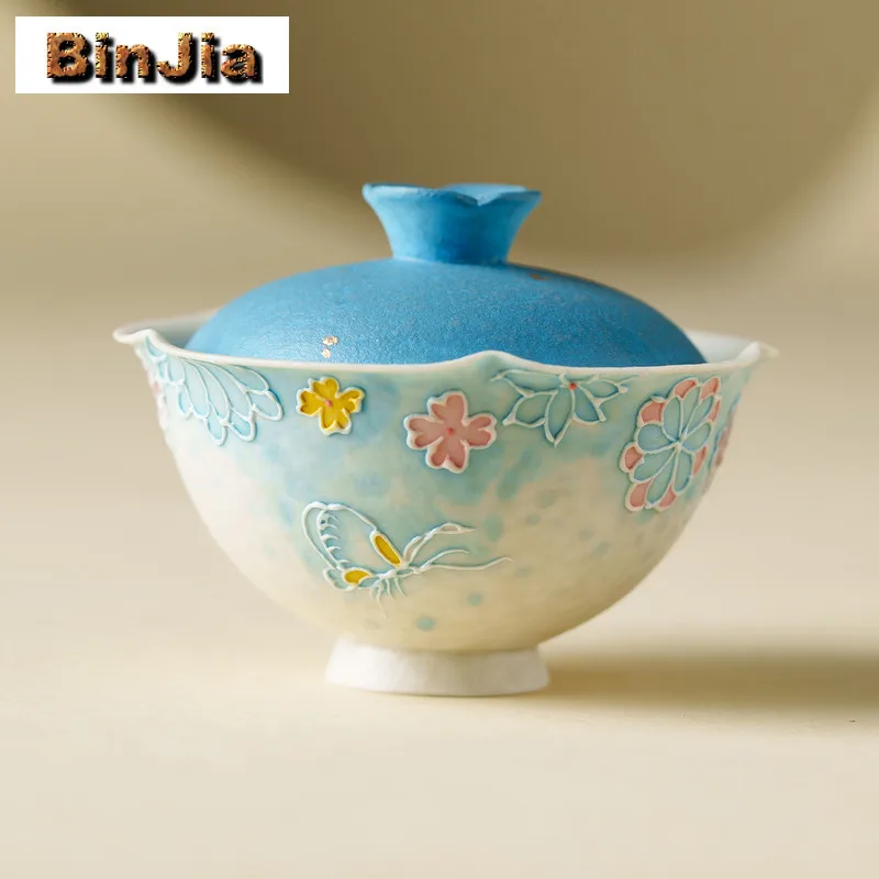 

95ml Sea Blue Sprinkled Gold Pile Color Flower Gaiwan Retro Tea Tureen Tea Bowl With Lid Kit Tea Maker Cover Bowl For Tea Craft