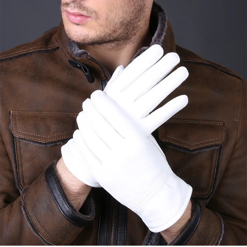 2024 Winter Genuine Leather White Gloves For Men Women Keep Warm Solid Wrist Lambskin Driving Glove