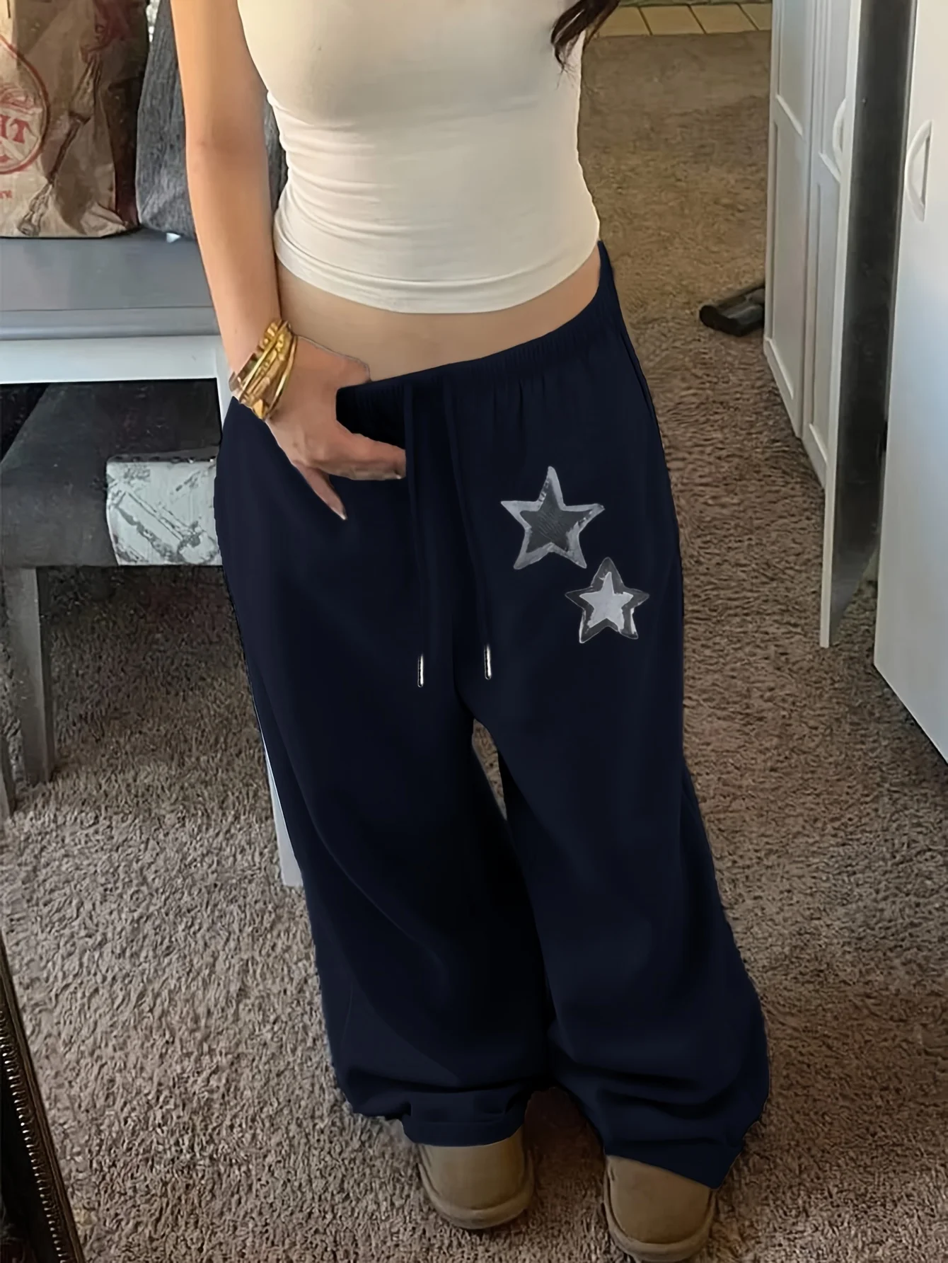 Women's Street Style Casual Sweatpants with Star Print  Arrivals for Spring Fleece Loose Fit Streetwear Oversized