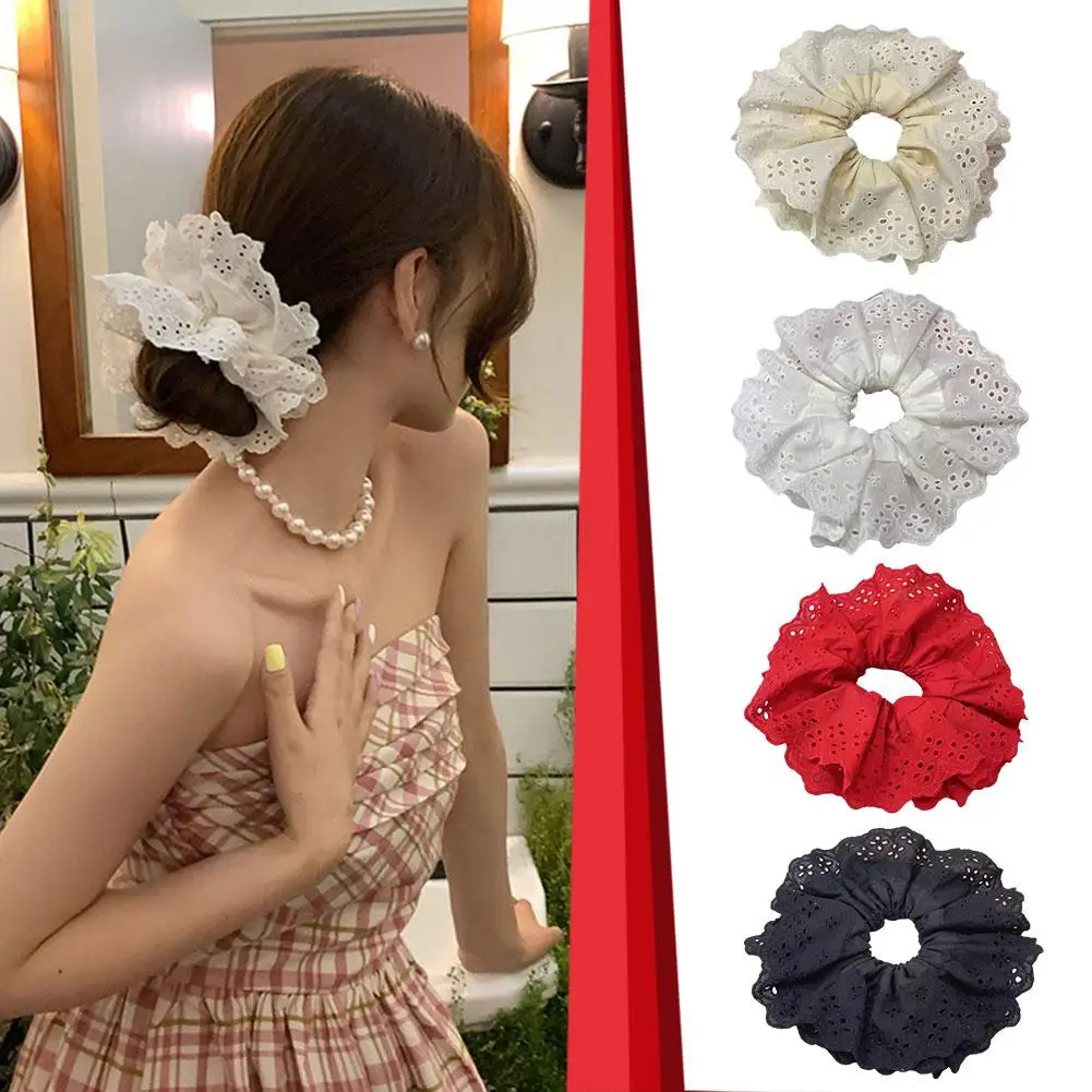 Korean Embroidery Hollowed Lace Ruffled Double-layer Scrunchie For Women Girls Lolita Elegant Ponytail Headwear Lace Hair A0w0