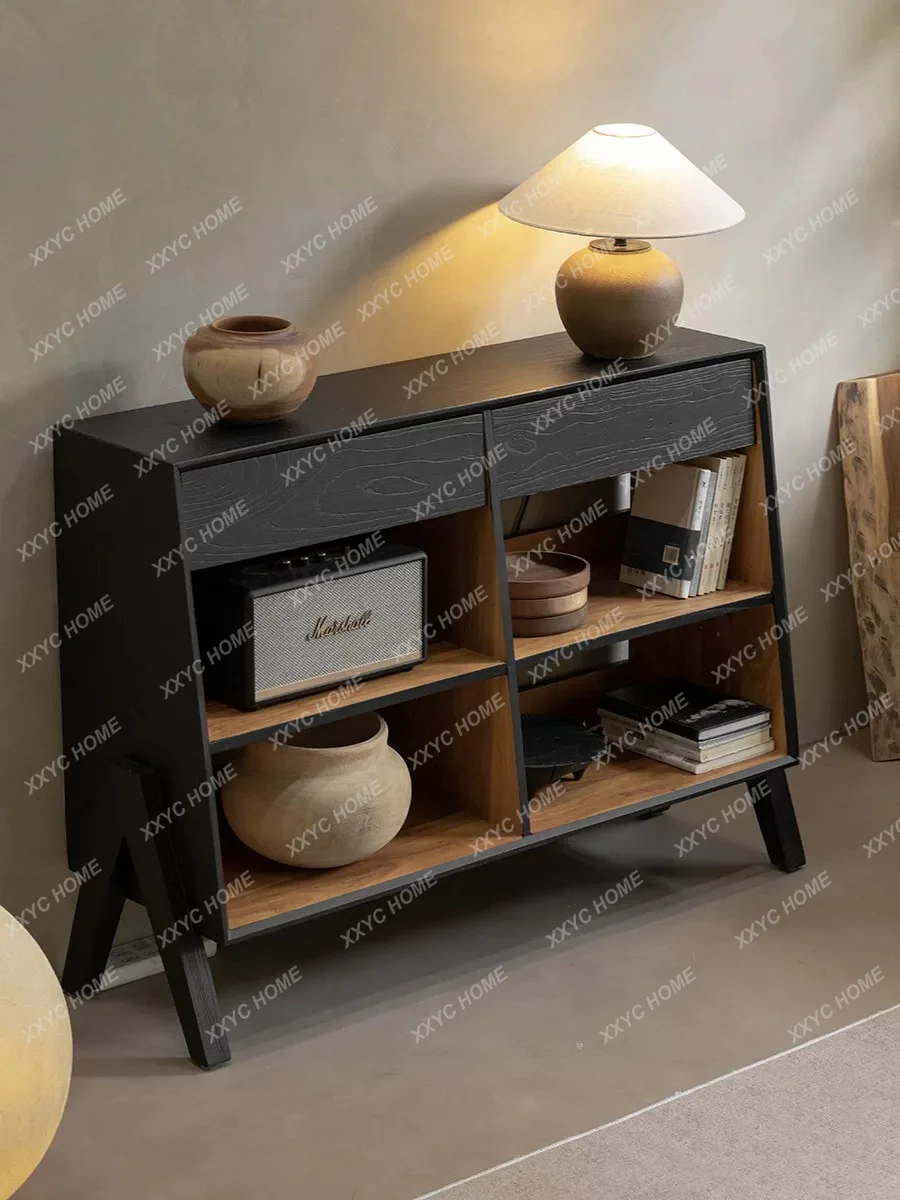 Wabi Sand wind carbonized black bucket  solid wood dining sidetea cabi tea room cabin storage cabine