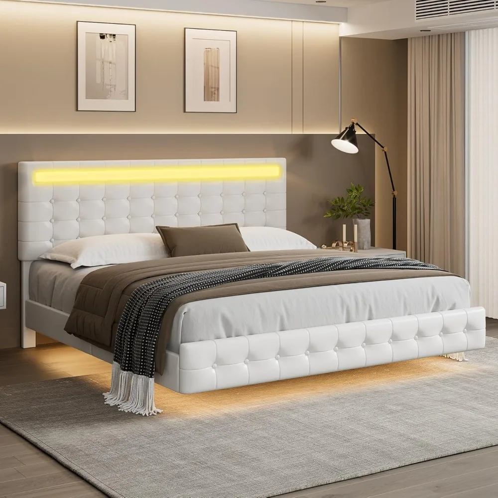 

Leather Headboard Queen Size LED Bed Frame, Visual-Floating for Modern Space, Footboard Platform Wood Slat Support Easy Assembly