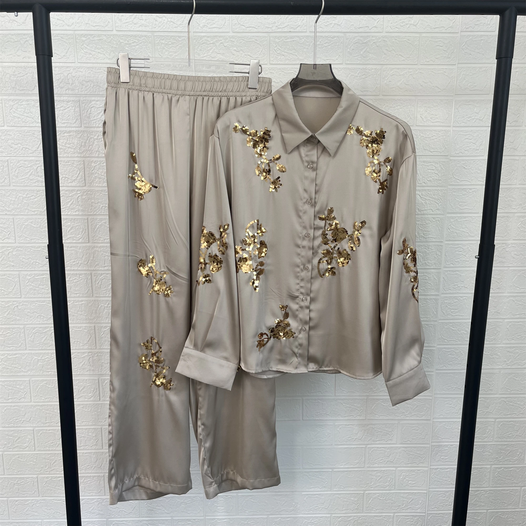 ZA2024 autumn new women\'s fashionable temperament casual versatile sequin embroidered satin shirt straight leg pants set