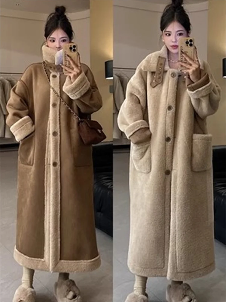 Manteau de moto en daim d'agneau double face pour femme, fourrure imbibée, manteau d'hiver chaud, manteau d'optique long, nouveau, 2023