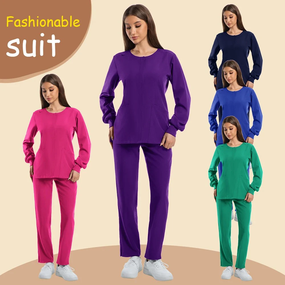 Solid Color Elastic Fabric Long Sleeved Scrubs Tops Scrub Pants Jogger Dental Pharmacy Laboratory Operating Room Work Uniform