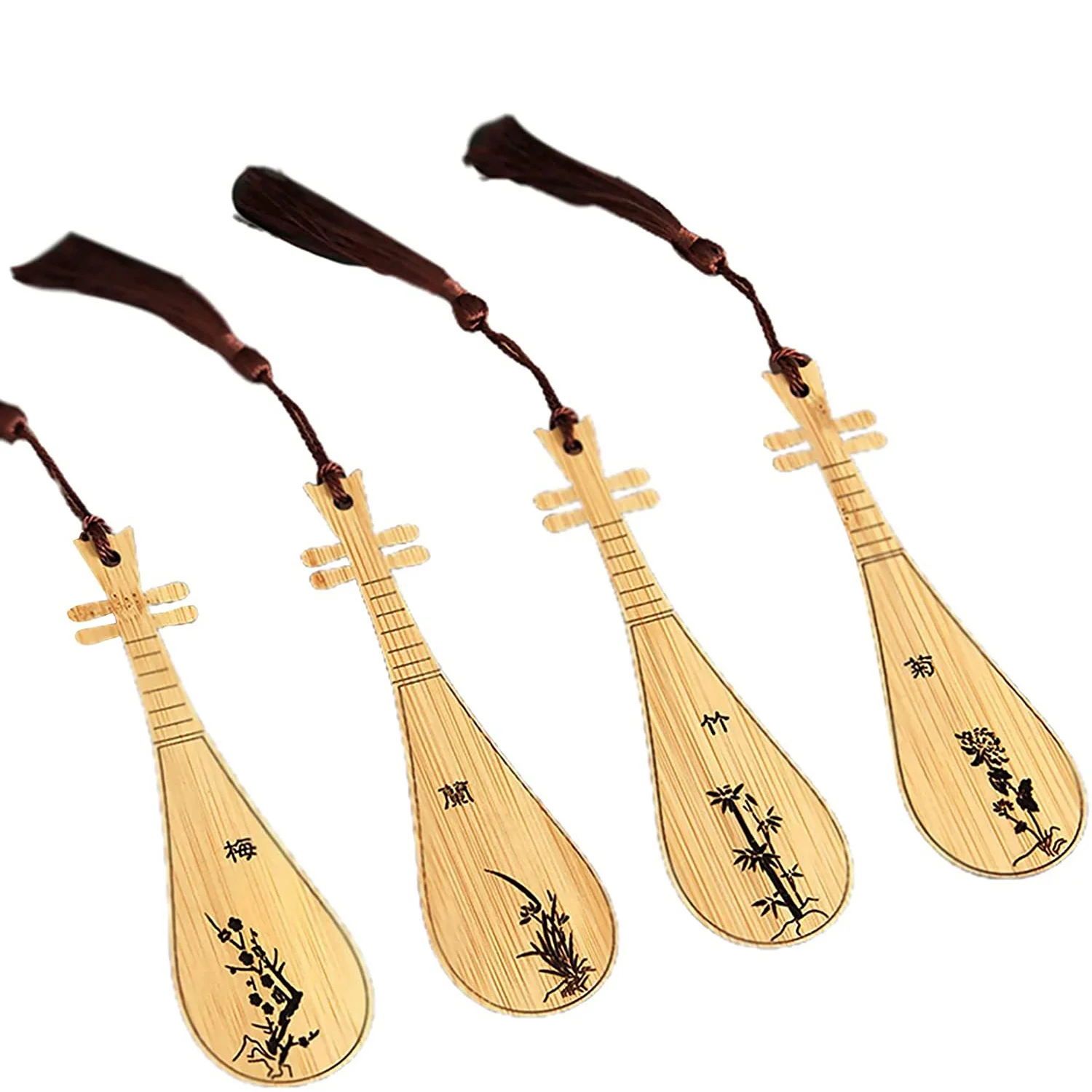 4PCS Bamboo Wooden Bookmarks with Tassels Retro Classical Musical Instrument Bookmark for Book Lovers