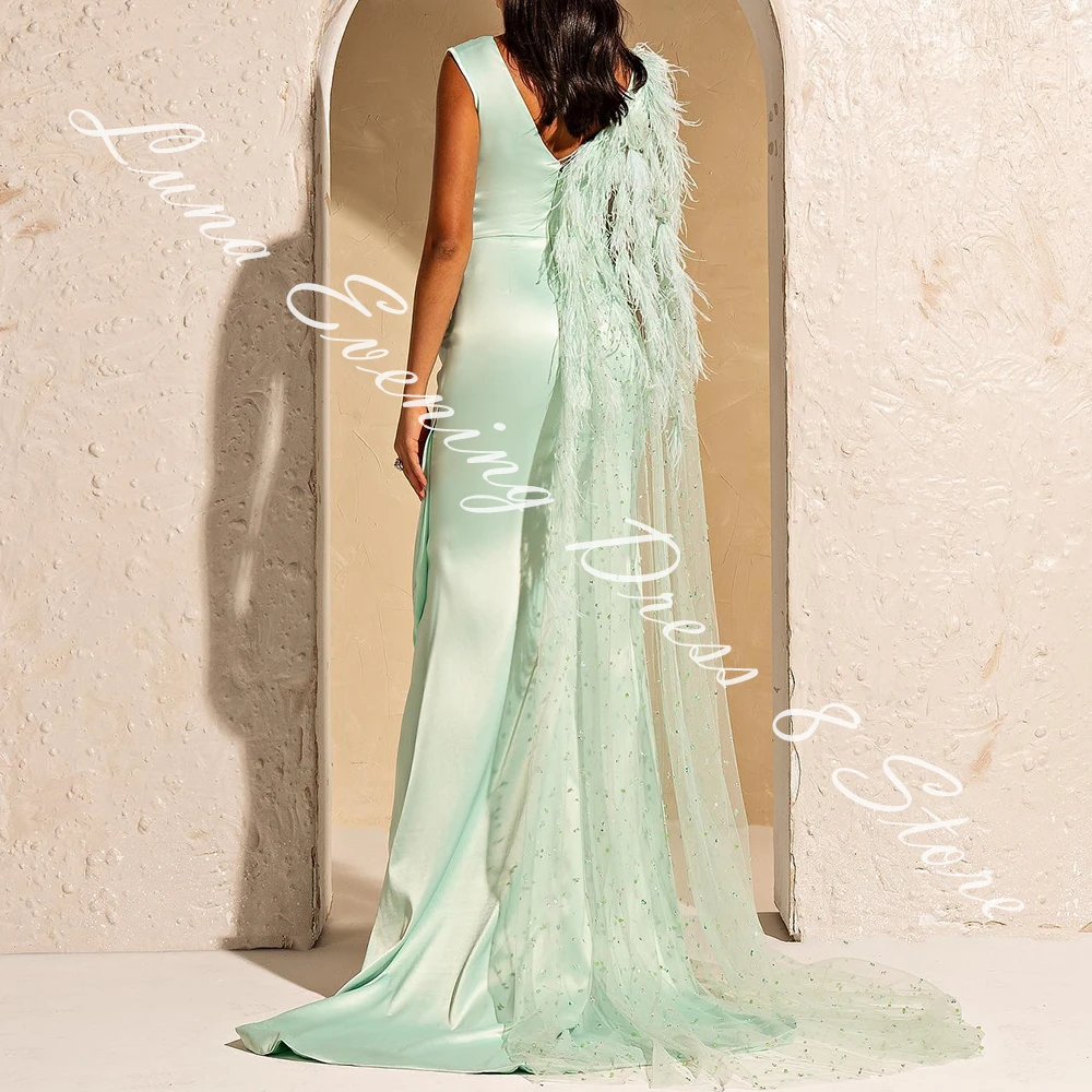 Customized Modern Satin Mermaid Cap Sleeve Feathers and Crystal Evening Dress V-Neck Sleeveless Floor Length Watteau Train