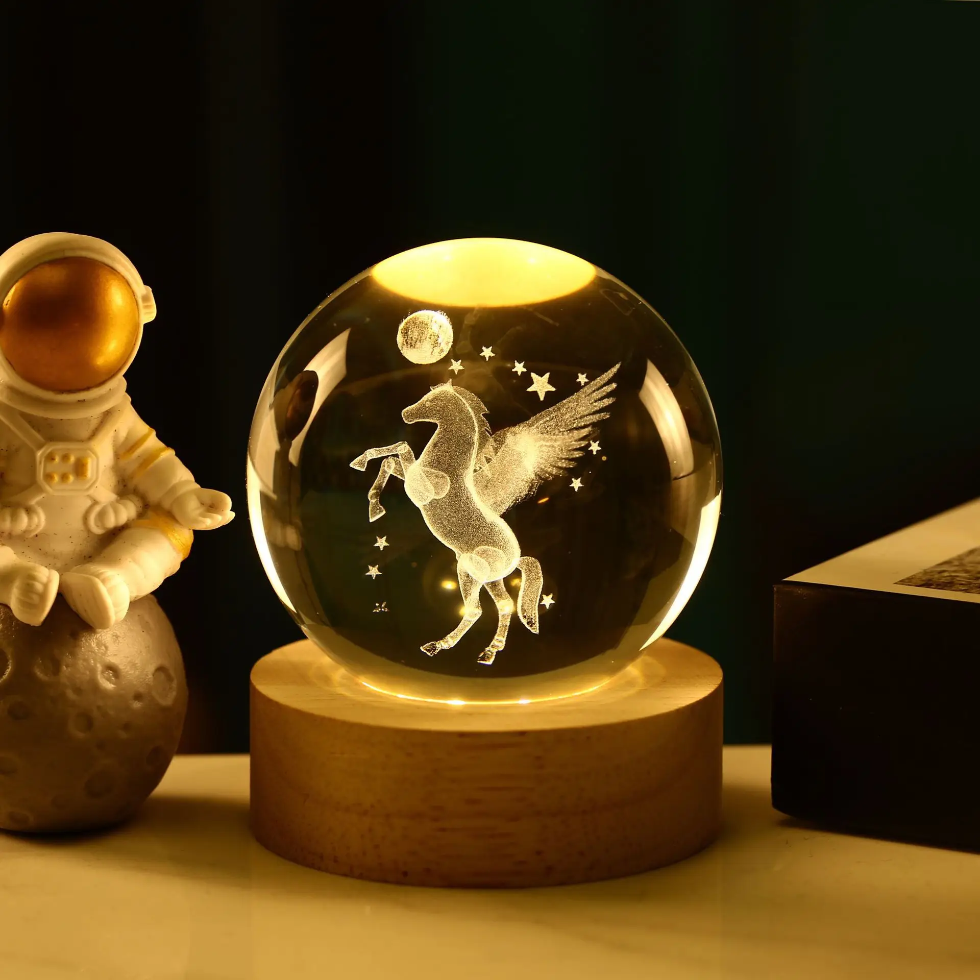 Crystal Ball with Light Base Emitting 3D Internal Carved Night Light Tabletop Decoration with Warm White Light