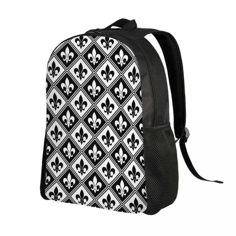 Black Fleur De Lis And Diamond Pattern Travel Backpack School Computer Bookbag Fleur-De-Lys Lily Floral College Daypack Bags