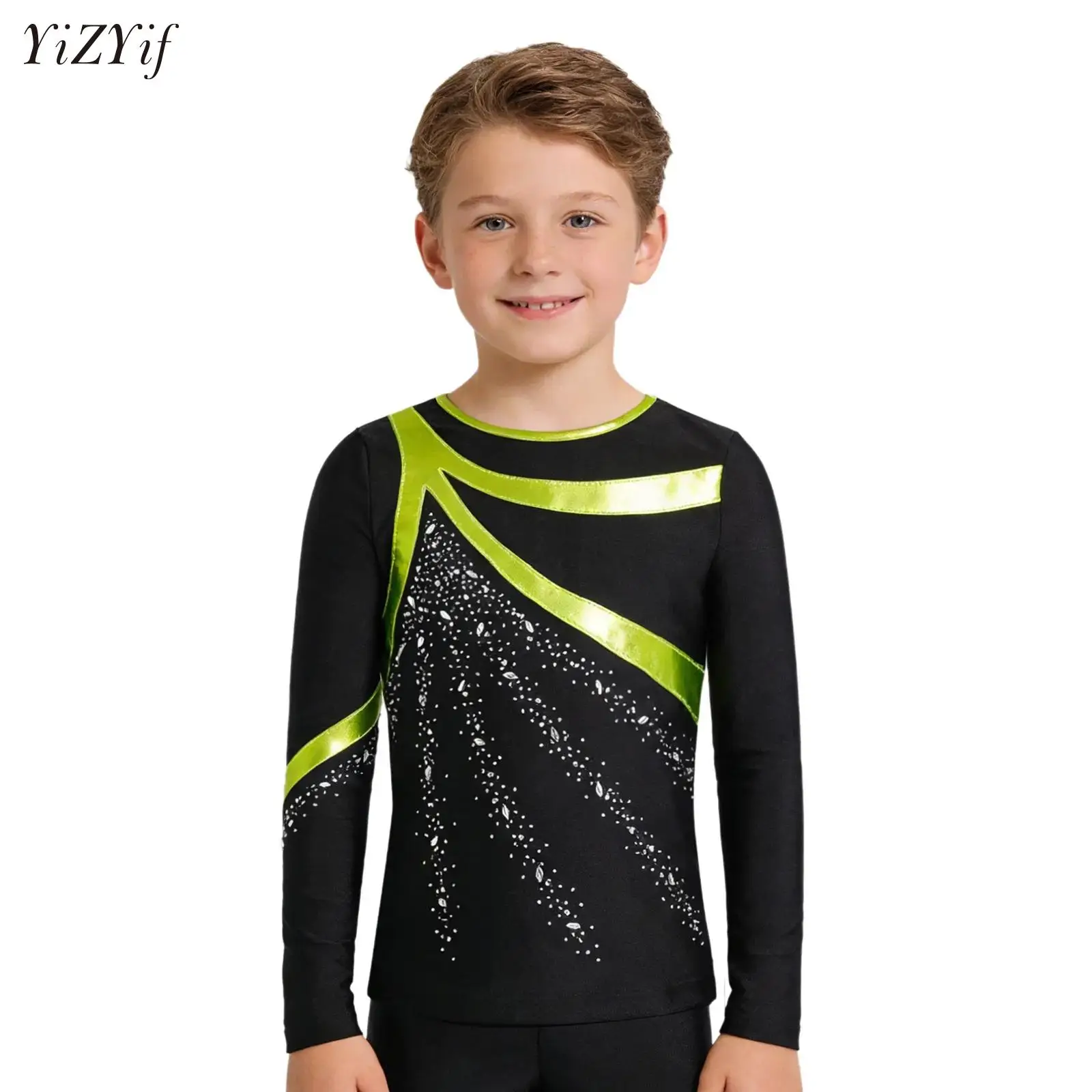 

Kid Boys Figure Skating Dancewear Ballet Rhythmic Acrobatics Gymnastics Performance Costume Long Sleeve Rhinestones T-Shirts Top