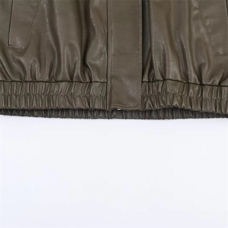 سترة نسائية شتاء 2025 نمط جديد أخضر داكن كم طويل فضفاض فو الجلود الوقوف طوق الطيار سترة أنيقة وعصرية #5