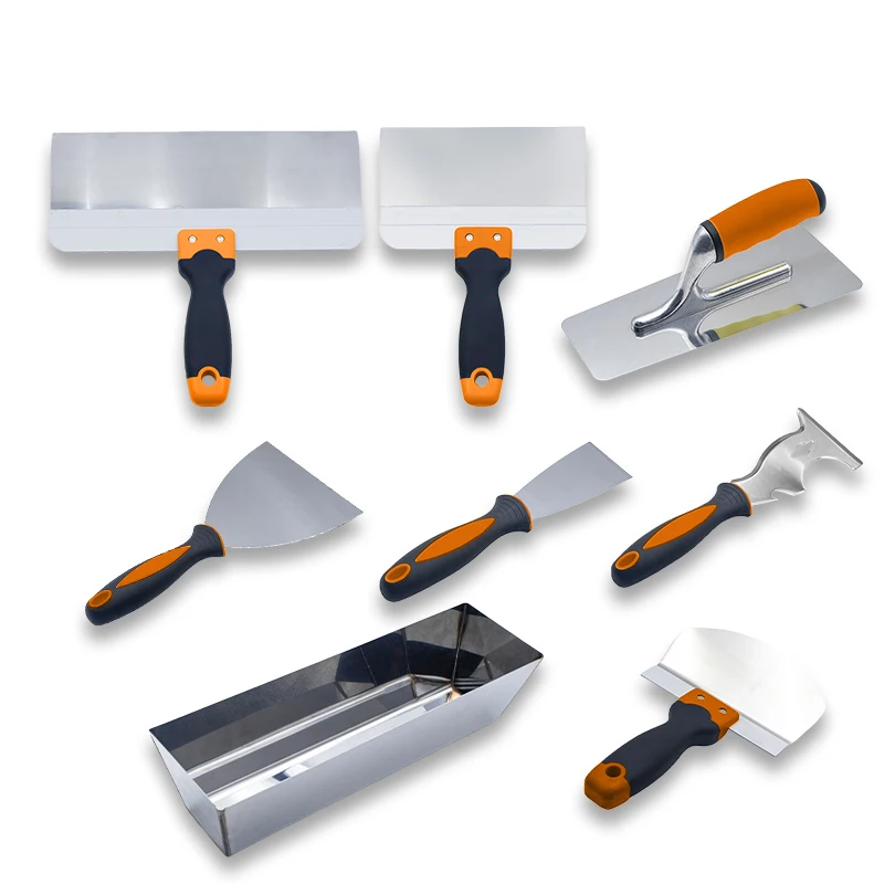 8-Piece Stainless Steel Drywall Hand Tool Set – 12-Inch Mud Pan, Scraper, Putty Knife, Trowel, Mud Shovel