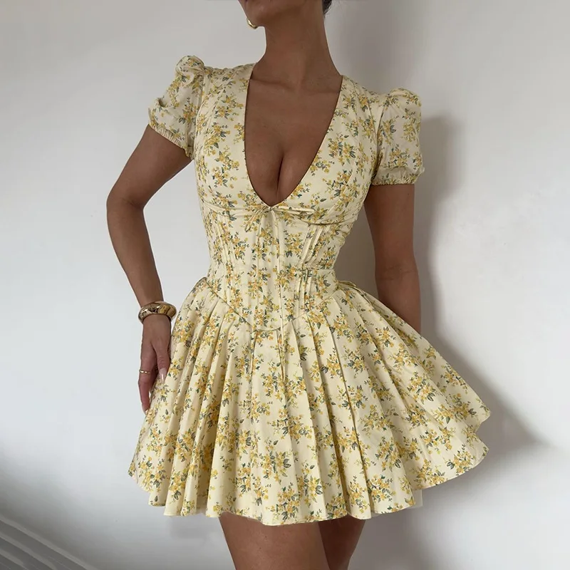 Robes courtes vintage à manches bouffantes et col en V pour femmes, robe de plage plissée, robe éducative, ligne A, jaune, sexy, imprimé floral, élégant, fête, été