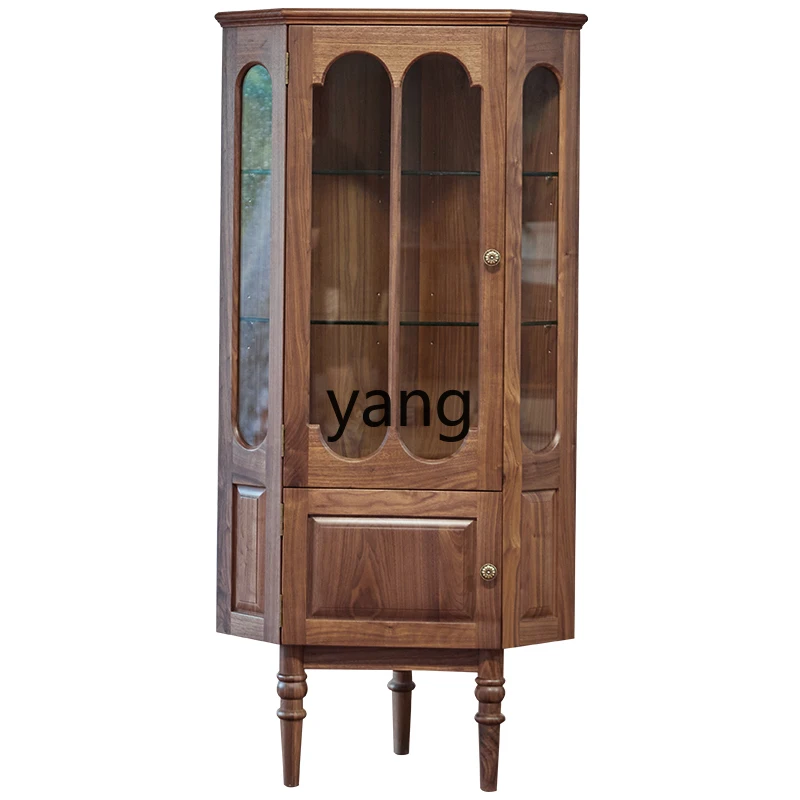 

Yjq Black Walnut Solid Wood Wine Cabinet Vintage Triangle Guest Restaurant Corner Cabinet Glass Storage Side Cabinet