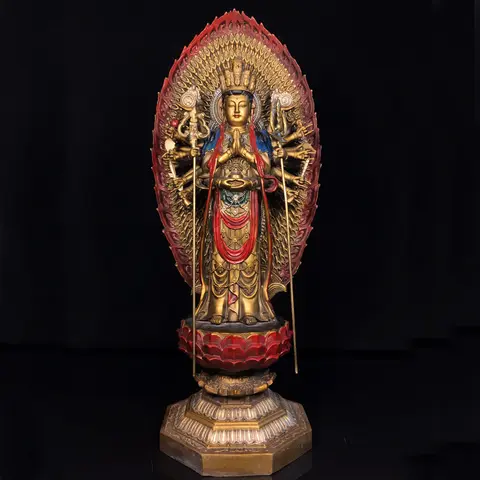 Exquisite Antique Bronze Painted Standing Thousand Armed Guanyin Statue Serene Face Heavy Patina