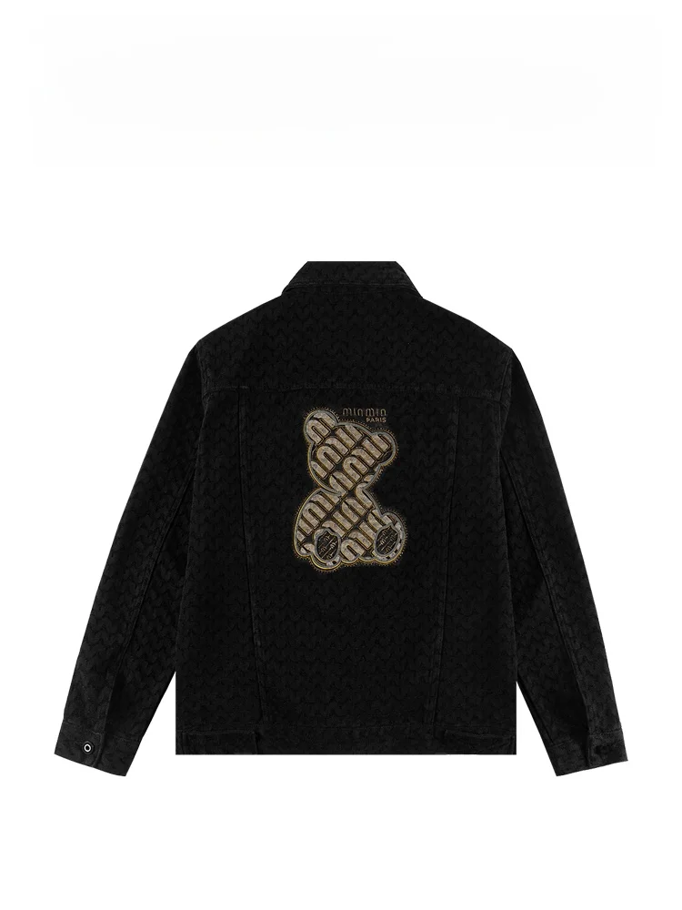 

Bear Embroidery Rhinestone Jaet Slim Fit Collar Classic Casual Trendy Outerwear Spring Faion Urban Cotton Blend Fabric