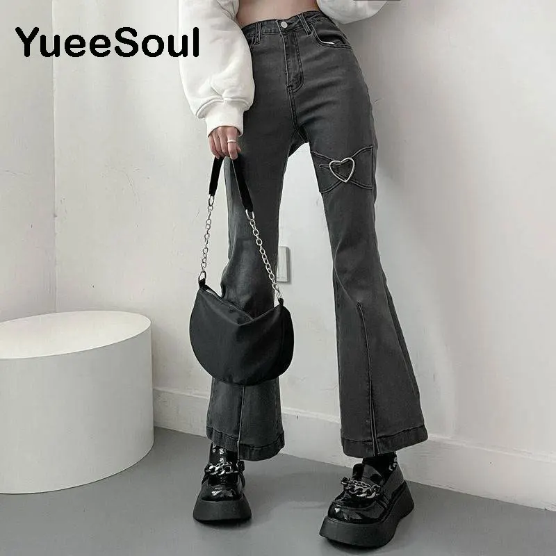 

Love Metal Gray Women Jenas High Waist Flares Pants 2022 New Fashion Y2K Vintage Cute Sweet Casual 2000s E girl Female Clothes