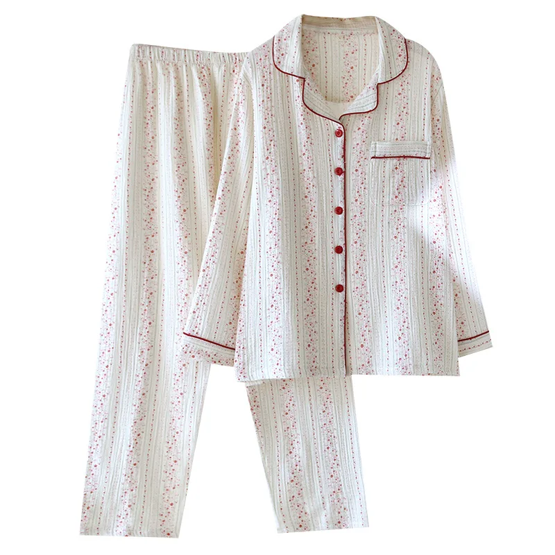 الصيف الخريف القطن طبقة مزدوجة الشاش الأزهار طباعة قميص طويل الأكمام السراويل منامة مجموعة لملابس المنزل النسائية #3