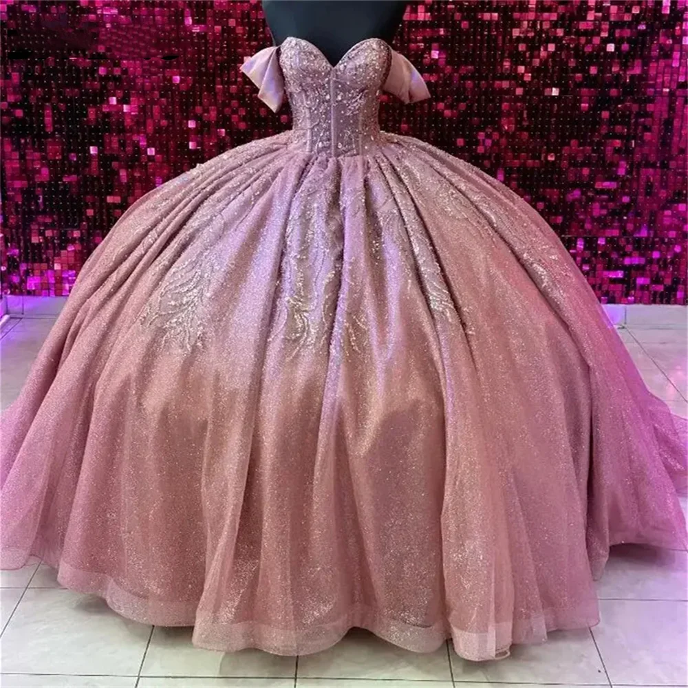 Angelsbridep ที่กําหนดเองสีชมพูปิดไหล่ Ball Gown 15 ปี Quinceanera ชุด 2025 หวาน 16 เจ้าหญิง Vestidos De Xv Años