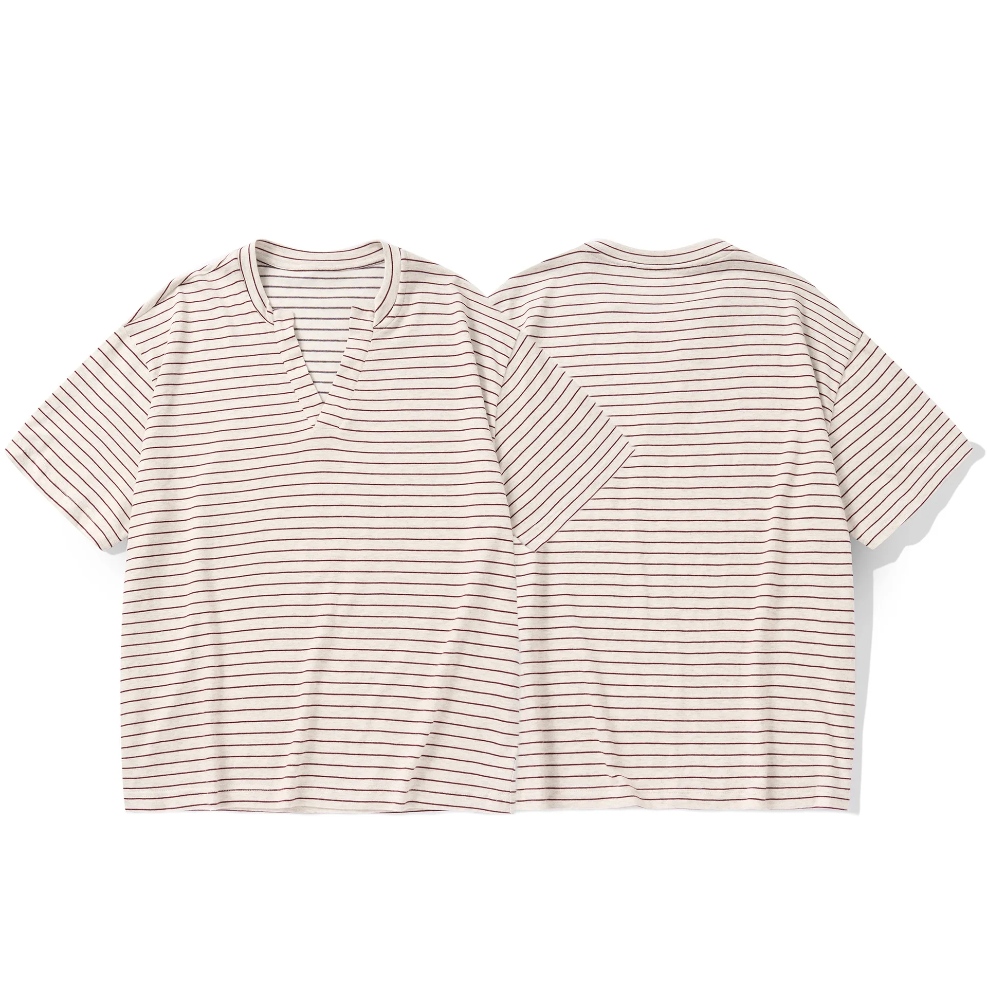 Retro Striped V-neck Short Sleeved T-shirt, Loose Half Sleeved T-shirt