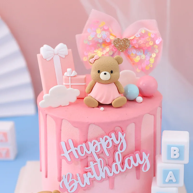 Cute Bear Cake Decoration Baby Girls Birthday Party Cake Topper Baby Shower Supplies Boy or Girl Gender Reveal Cake Decor