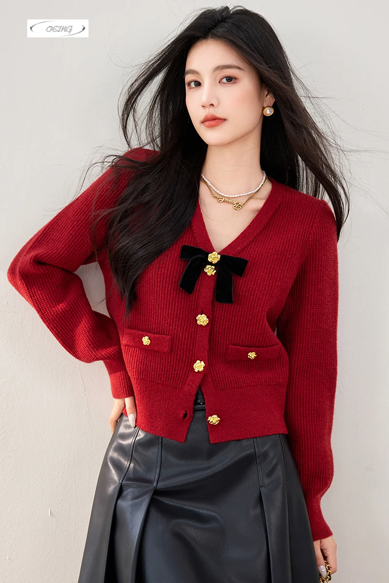 

French Style V-neck Long Sleeve Bow Red Knitted Cardigan Sweater for Women Autumn Winter Elegant Sweet Short Tops Knitwear 3416