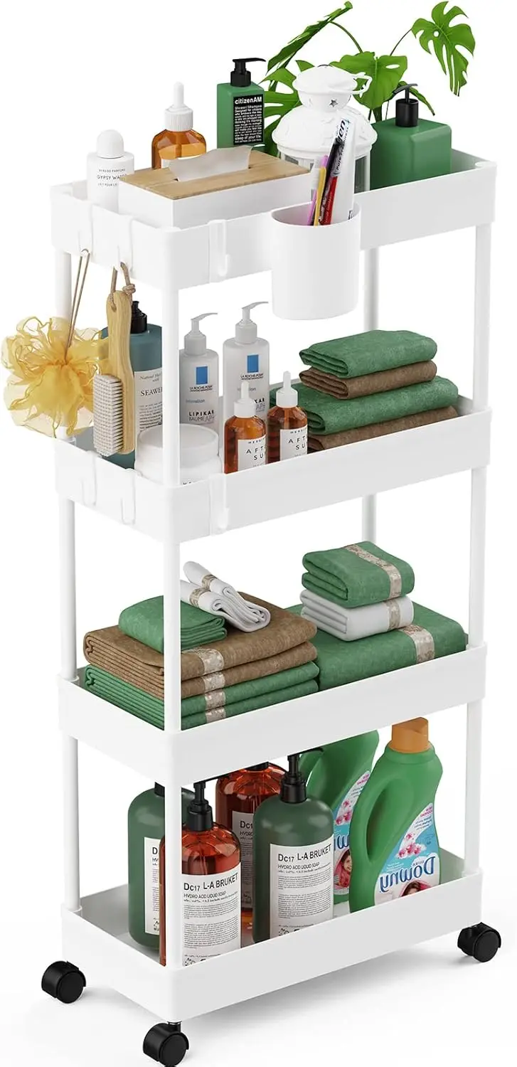 

Slim Rolling Storage Cart - 4 Tiers Bathroom Organizer Utility Cart Slide Out Storage Shelves Mobile Shelving Unit for