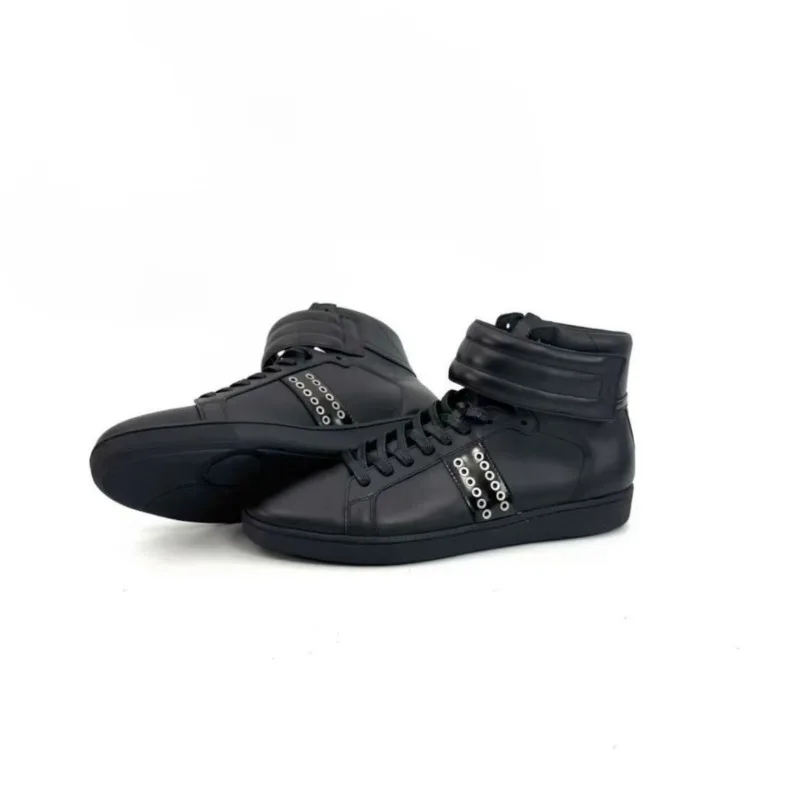 Men Genuine Leather High‑top Sneakers 2026 Retro Hook‑Loop Strap Rubber Sole Wear‑resistant Ankle Boots Black White Large Sizes
