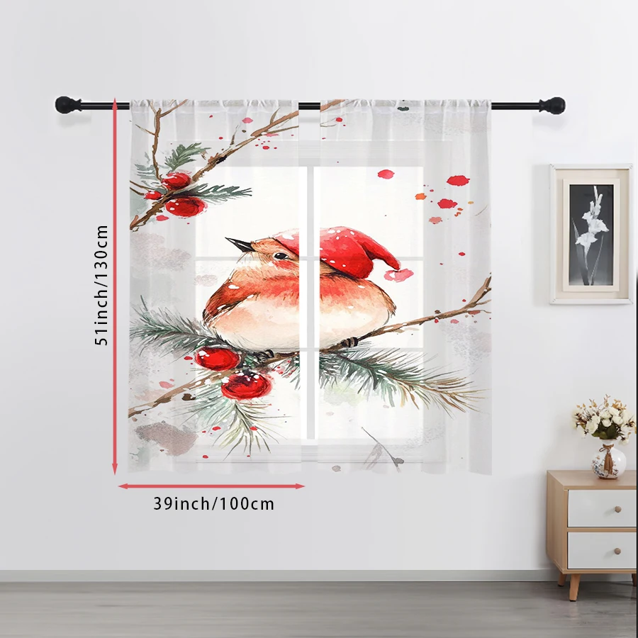 2PCS Sheer Curtains Watercolor Christmas Robin Bird Hat Berry Print, Window Voile Panels for Bedroom Living Room Xmas Decor