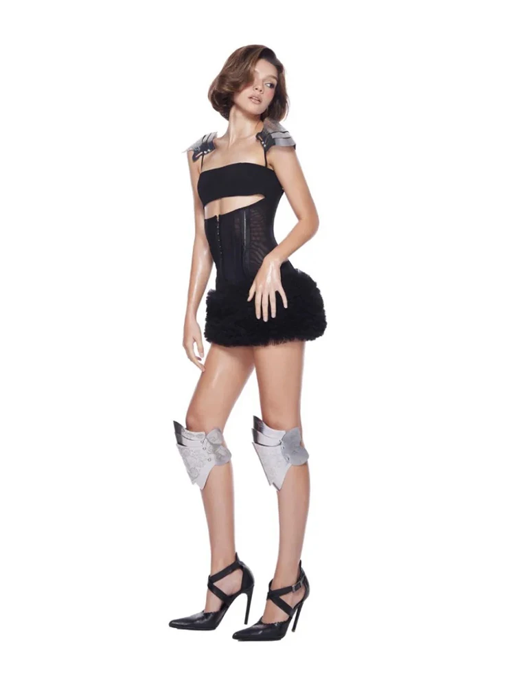 Nibber vestido de retalhos de rua, vestido de malha de pneus de malha única, peito envolto oco, sexy, roupa de clube, body