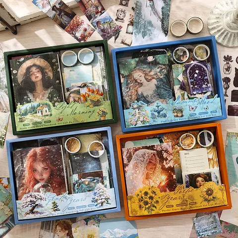 1box/124pcs Vintage Scrapbook Set in Large Gift Box for Journaling, Scrapbooking DIY Crafts