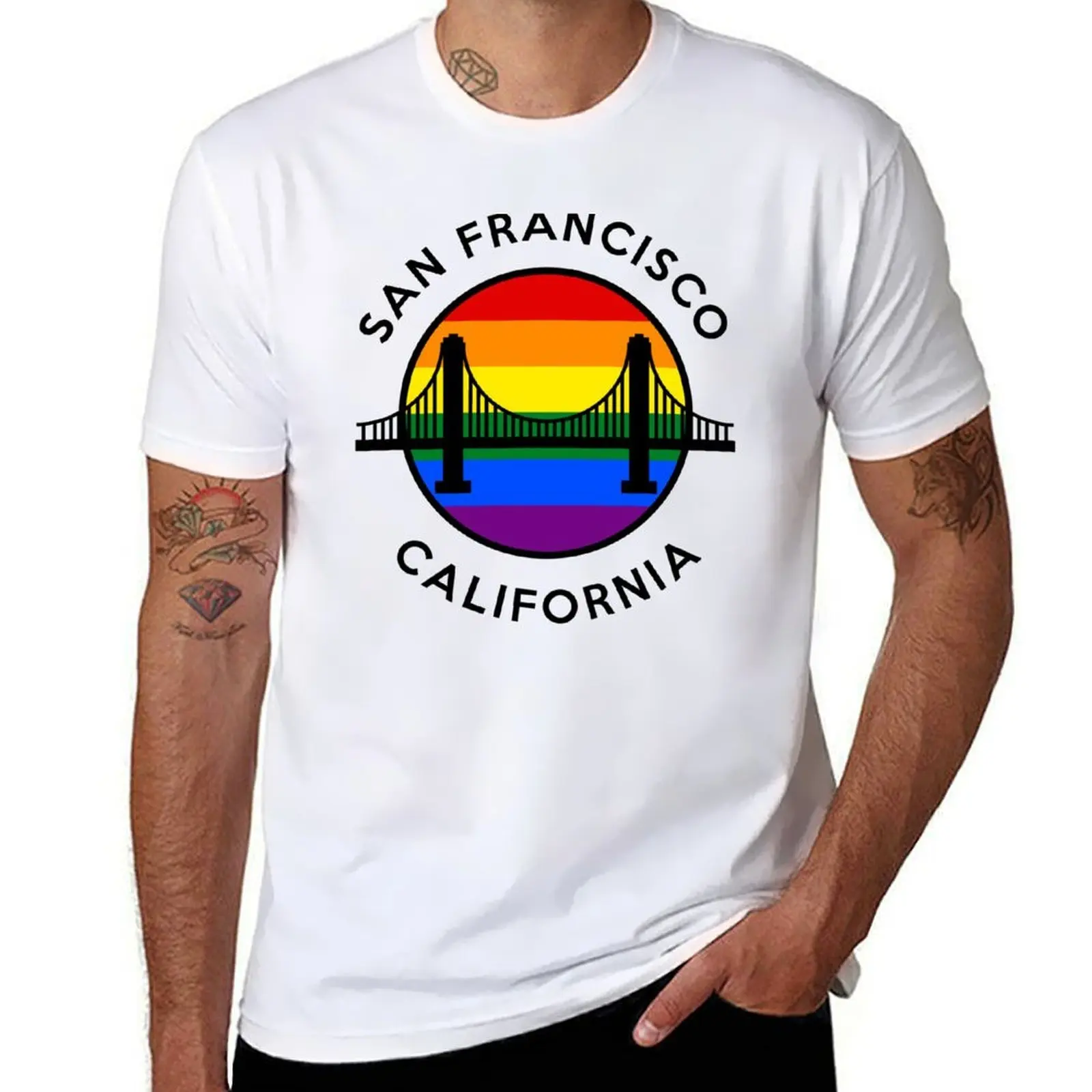 

GOLDEN GATE - RAINBOW ROUND SF CA - D2BLACK T-Shirt t shirts for man slim fit t shirts for man graphic funny T-Shirt