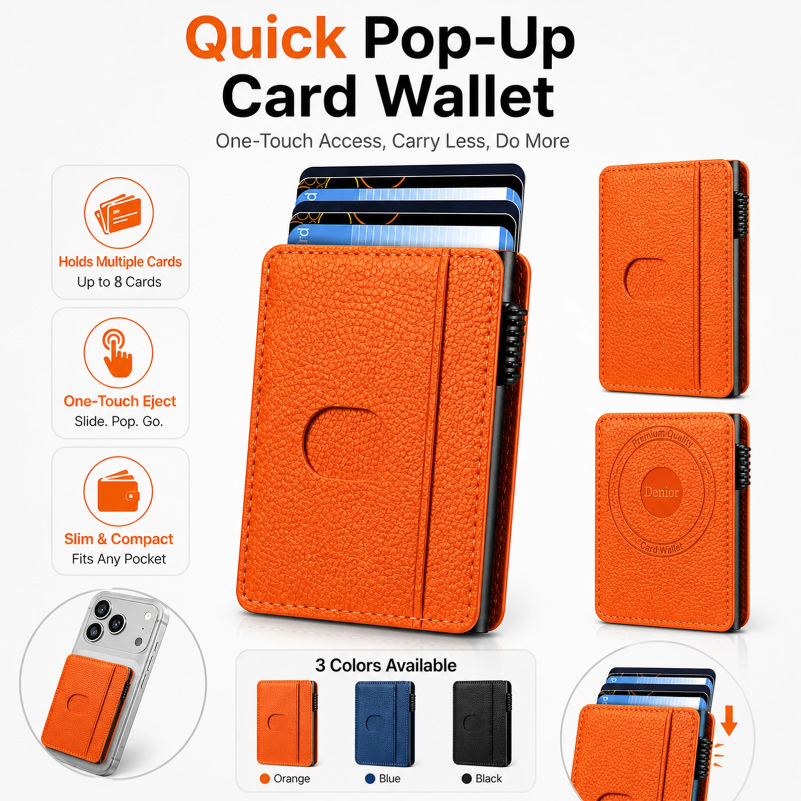 Porte-cartes magnétique en cuir PU à motif litchi Denior avec fonction de sortie automatique des cartes, capable de contenir 8 cartes