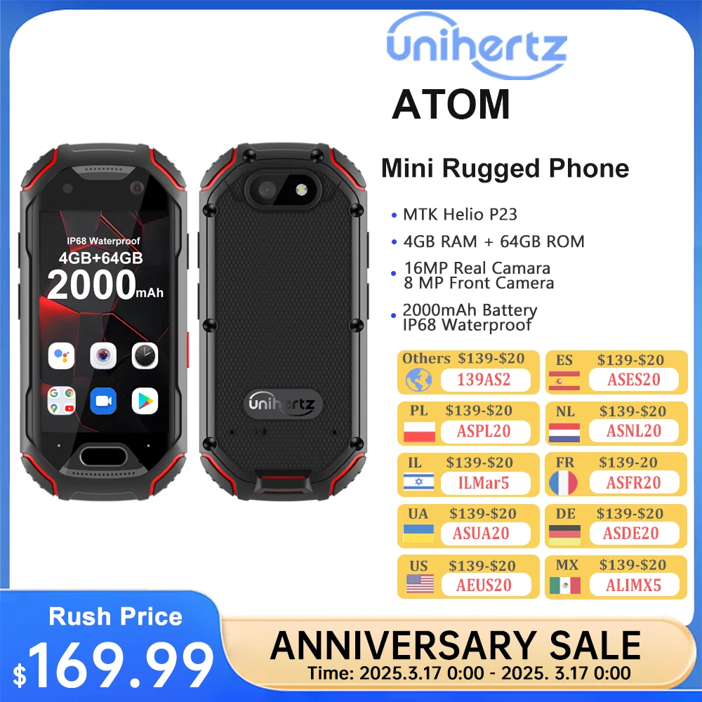 Unihertz Atom Small Rugged Smartphone, 4GB, 64GB Cellphone, P23, 16MP, 4G, 2000mAh Battery, 2.45 