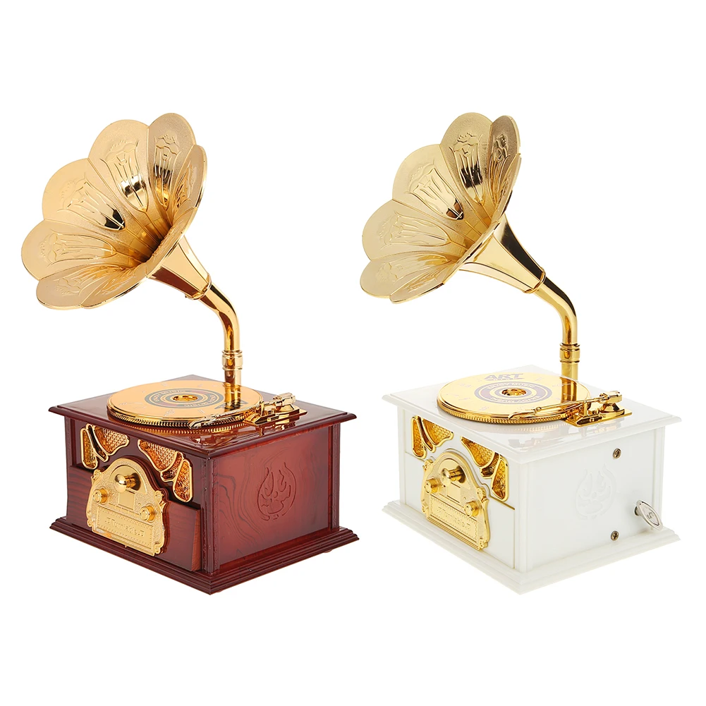 Phonograph Music Box Creative Retro Musical Box Exquisite Manual Classic Antique Wooden for Friends Kids Boys Girls