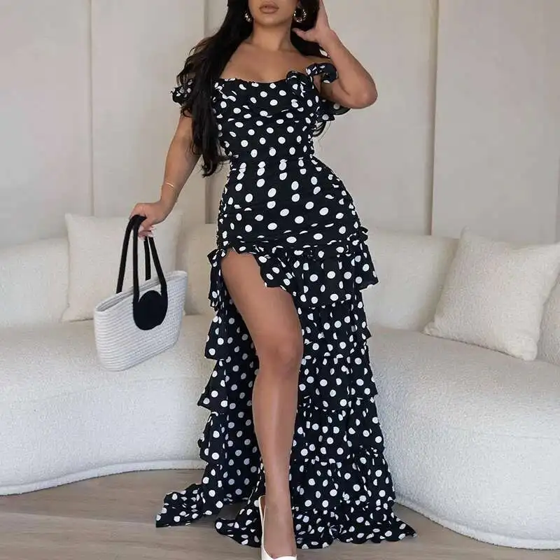 Elegante plissado fino irregular longo moda verão split em camadas bolo vestidos polka impressão fora do ombro vestido de festa feminino