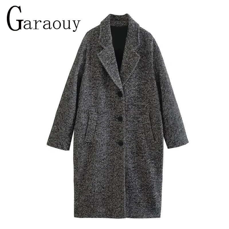 Garaouy 2023 Winter New Woman Twill Tweed Long Coats Single-breasted Oversized Outwear Female Fashion Simple Overcoat Mujer Tops