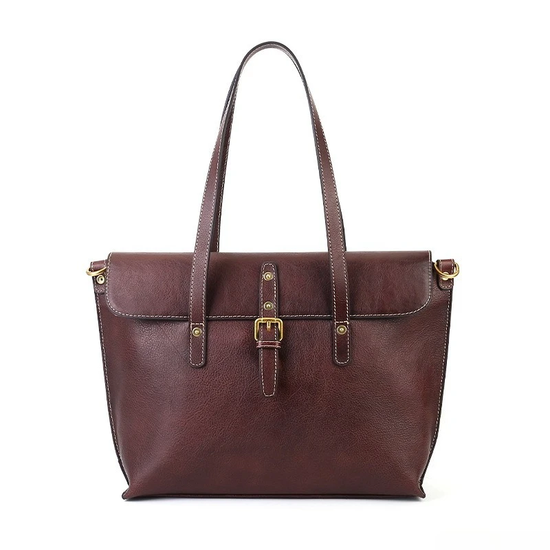 Vintage Work Shoulder Bag for Women Genuine Leather Top Handle Convertible Strap Spacious Laptop Handbag Lightweight Luxury