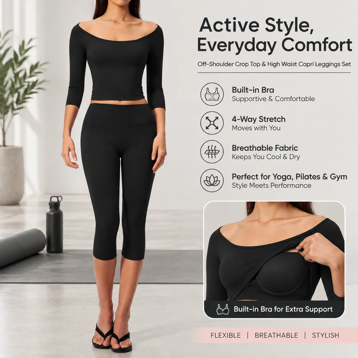 Women's Off-Shoulder 3/4 Sleeve Crop Top and High Waist Capri Leggings Set 2-Piece Yoga Workout Outfit with Built-in Bra for Gym